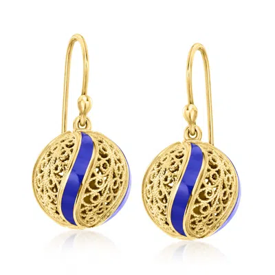 Ross-simons Blue Enamel Filigree Ball Drop Earrings In 18kt Gold Over Sterling