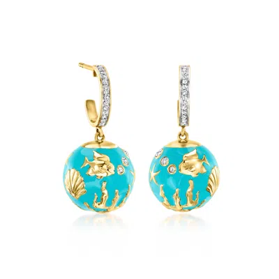 Ross-simons Blue Enamel Sea Life Drop Earrings With White Topaz In 18kt Gold Over Sterling