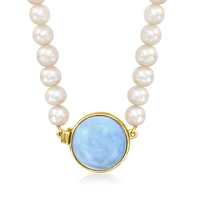 Ross-simons Blue Opal And 5.5-6mm Cultured Pearl Necklace In 18kt Gold Over Sterling