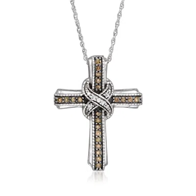 Ross-simons Brown And White Diamond Cross Pendant Necklace In Sterling Silver In Metallic