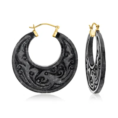 Ross-simons Carved Black Jade Phoenix Hoop Earrings In 14kt Yellow Gold