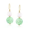 Ross-simons Carved Jade And 10-11mm Cultured Pearl Drop Earrings In 14kt Yellow Gold In Yellow