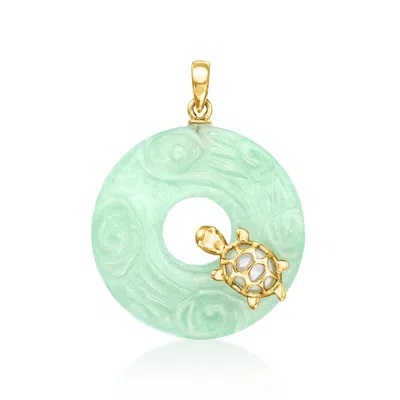 Ross-simons Carved Jade And Mother-of-pearl Turtle Pendant In 14kt Yellow Gold In Green