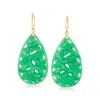 Ross-simons Carved Jade Floral Drop Earrings With 14kt Yellow Gold In Green