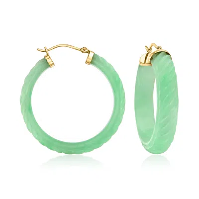 Ross-simons Carved Jade Hoop Earrings With 14kt Yellow Gold In Green