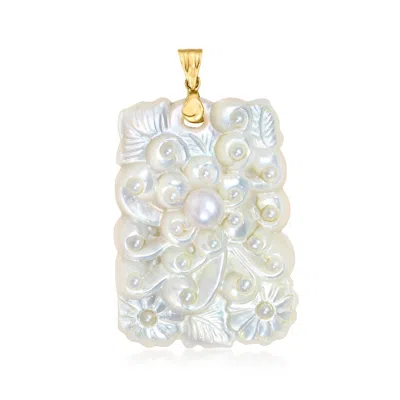Ross-simons Carved Mother-of-pearl Floral Pendant With 2-7mm Cultured Pearls In 14kt Yellow Gold