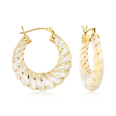 Ross-simons Carved Mother-of-pearl Hoop Earrings With 14kt Yellow Gold In Silver