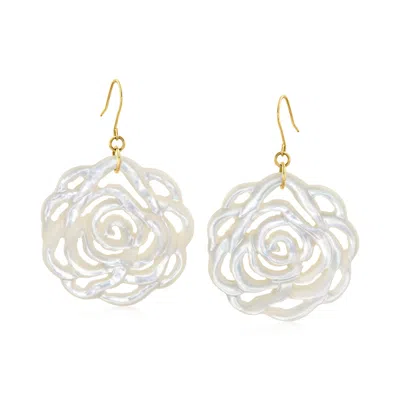 Ross-simons Carved Mother-of-pearl Rose Drop Earrings With 14kt Yellow Gold In White