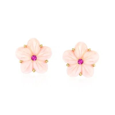Ross-simons Carved Pink Shell Flower Earrings With . Rhodolite Garnets In 18kt Gold Over Sterling