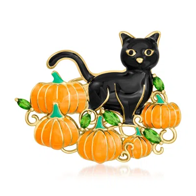Ross-simons Chrome Diopside And Multicolored Enamel Pumpkin Patch Cat Pin/pendant In 18kt Gold Over Sterling