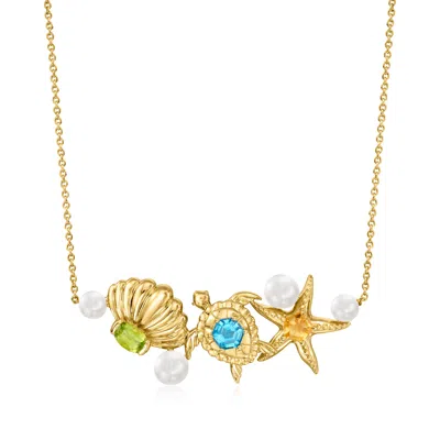 Ross-simons Cultured Pearl And Multi-gem Sea Life Necklace In 18kt Gold Over Sterling In Blue