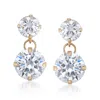 Ross-simons Cz Double Drop Earrings In 14kt Yellow Gold In White