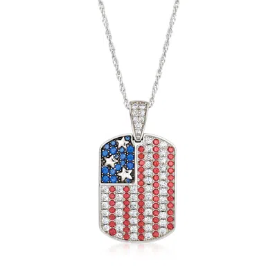 Ross-simons Cz, Simulated Ruby And . Simulated Sapphire American Flag Tag Adjustable Pendant Necklace In Sterlin