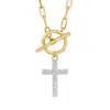 Ross-simons Diamond Cross Paper Clip Link Toggle Necklace In 18kt Gold Over Sterling In Silver