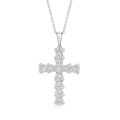 Ross-simons Diamond Flared Cross Pendant Necklace In 14kt White Gold In Silver