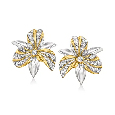 Ross-simons Diamond Flower Earrings In Sterling Silver And 18kt Gold Over Sterling