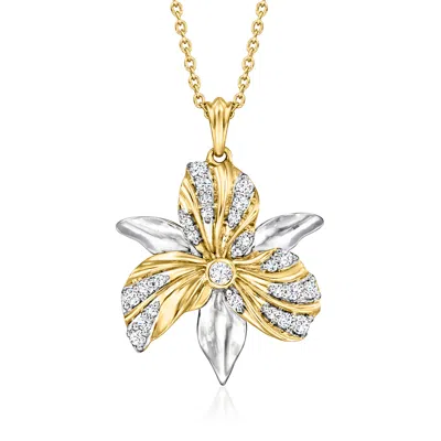 Ross-simons Diamond Flower Pendant Necklace In Sterling Silver And 18kt Gold Over Sterling