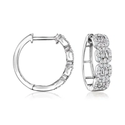 Ross-simons Diamond Halo Hoop Earrings In 14kt White Gold In Silver