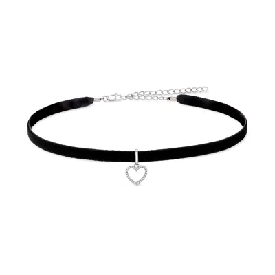 Ross-simons Diamond Heart Choker Necklace With Sterling Silver And Black Velvet Cord