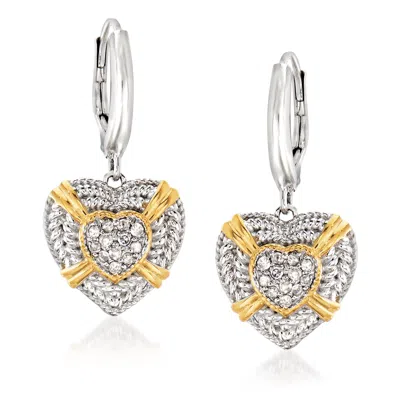 Ross-simons Diamond Heart Drop Earrings In Sterling Silver And 18kt Gold Over Sterling In White