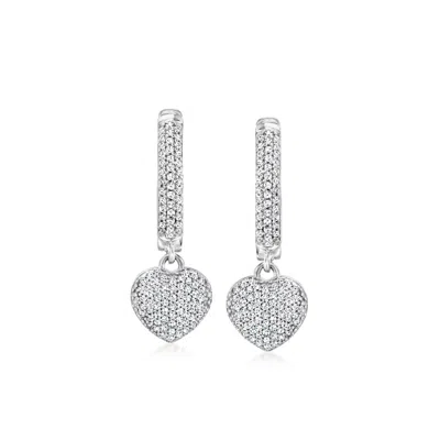 Ross-simons Diamond Heart Hoop Drop Earrings In Sterling Silver