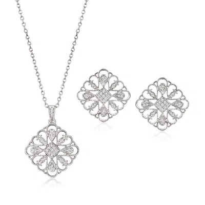 Ross-simons Diamond Jewelry Set: Geometric Floral Pendant Necklace And Earrings In Sterling Silver In Multi