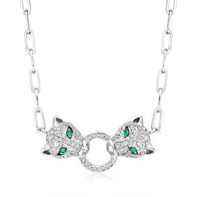 Ross-simons Diamond Leopard Paper Clip Link Necklace With Emerald Accents In Sterling Silver In Multi