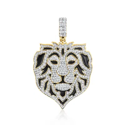 Ross-simons Diamond Lion Pendant With Black Enamel In Sterling Silver And 18kt Gold Over Sterling In Multi