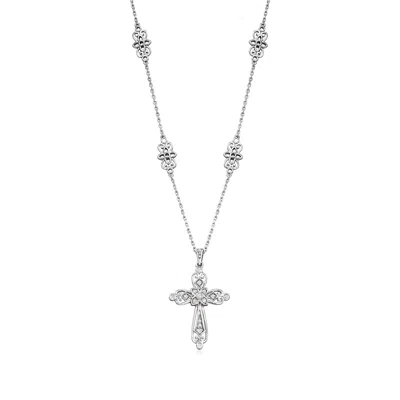 Ross-simons Diamond Openwork Cross Pendant Necklace In Sterling Silver In Multi