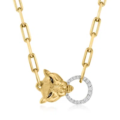 Ross-simons Diamond Panther Paper Clip Link Necklace In 18kt Gold Over Sterling With Black Diamond Accents In Multi