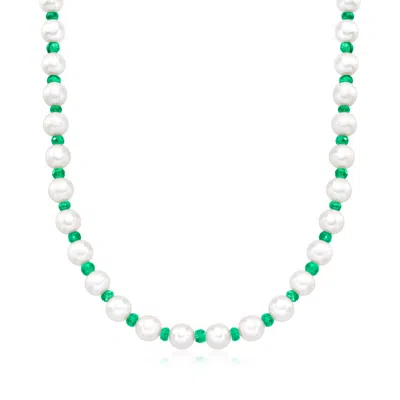 Ross-simons Emerald And 8-8.5mm Cultured Pearl Necklace With 14kt Yellow Gold In Multi