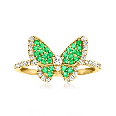 Ross-simons Emerald And . Diamond Butterfly Ring In 14kt Yellow Gold In Green
