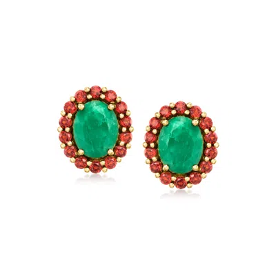 Ross-simons Emerald And Garnet Halo Earrings In 18kt Gold Over Sterling In Green