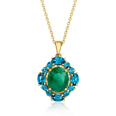 Ross-simons Emerald And London Blue Topaz Pendant Necklace In 18kt Gold Over Sterling