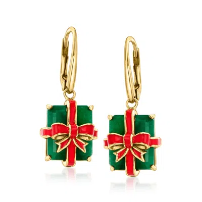 Ross-simons Emerald And Red Enamel Bow Present Drop Earrings In 18kt Gold Over Sterling In Green