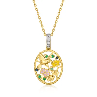 Ross-simons Emerald And Sapphire Hummingbird Floral Pendant Necklace With Multicolored Enamel And Diamonds In 18