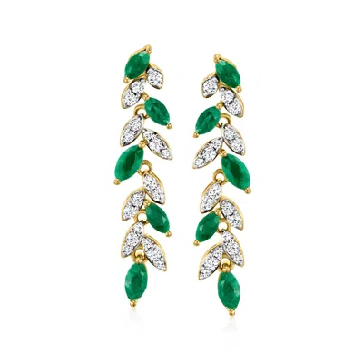Ross-simons Emerald And . White Topaz Leaf Drop Earrings In 18kt Gold Over Sterling In Green