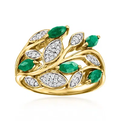 Ross-simons Emerald And . White Topaz Leaf Ring In 18kt Gold Over Sterling In Green