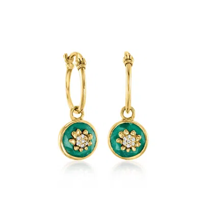 Ross-simons Emerald Flower Hoop Drop Earrings With Diamonds In 18kt Gold Over Sterling In Multi
