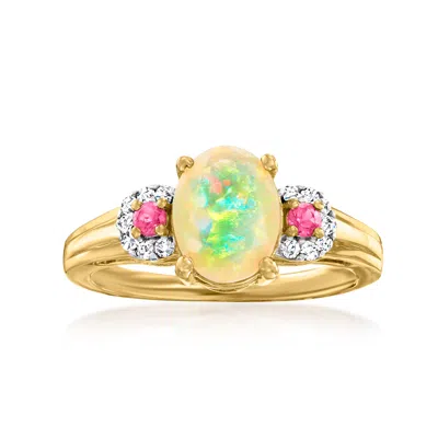 Ross-simons Ethiopian Opal And Diamond Ring With Pink Tourmaline Accents In 14kt Yellow Gold In White