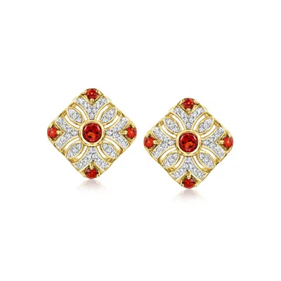 Ross-simons Garnet And . Diamond Vintage-style Earrings In 18kt Gold Over Sterling In Red