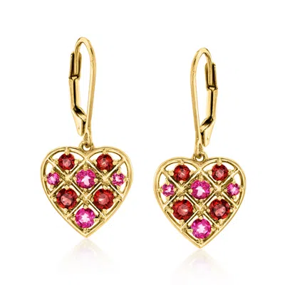Ross-simons Garnet And . Pink Topaz Heart Drop Earrings In 18kt Gold Over Sterling