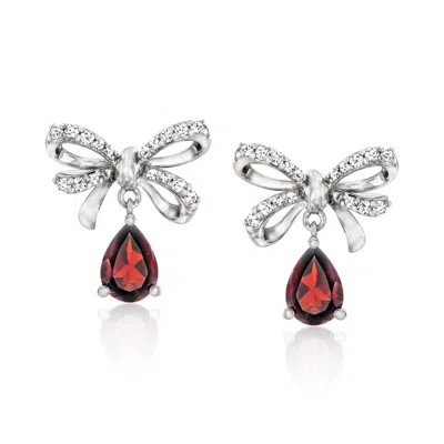 Ross-simons Garnet And . White Topaz Bow Drop Earrings In Sterling Silver In Red
