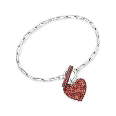 Ross-simons Garnet Heart Paper Clip Link Toggle Bracelet In Sterling Silver In Multi