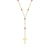Ross-simons Garnet Rosary Beads With Cross Necklace In 18kt Gold Over Sterling In Gold
