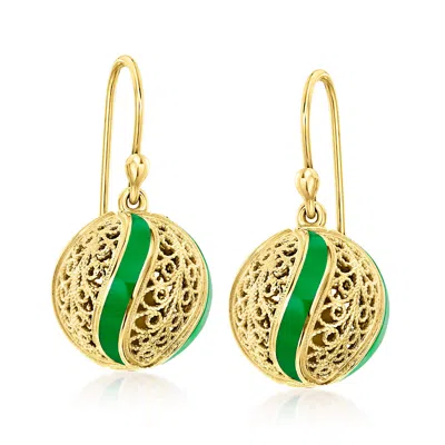 Ross-simons Green Enamel Filigree Ball Drop Earrings In 18kt Gold Over Sterling