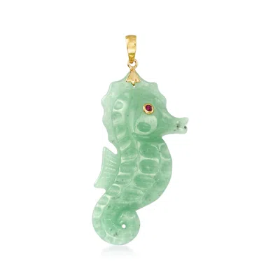 Ross-simons Green Jade Seahorse Pendant With Ruby Accent In 14kt Yellow Gold In Red