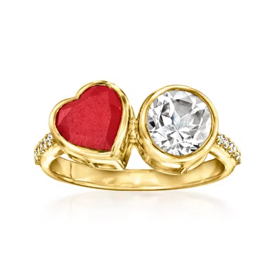 Ross-simons Heart-shaped Ruby And Round White Topaz Toi Et Moi Ring In 18kt Gold Over Sterling In Red