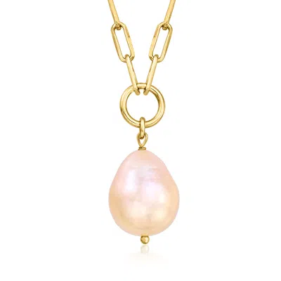 Ross-simons Italian 10-11mm Peach Cultured Baroque Pearl Paper Clip Link Necklace In 18kt Gold Over Sterling