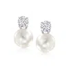 Ross-simons Italian 10.5-11mm Cultured Pearl And Cz Drop Earrings In Sterling Silver In Metallic